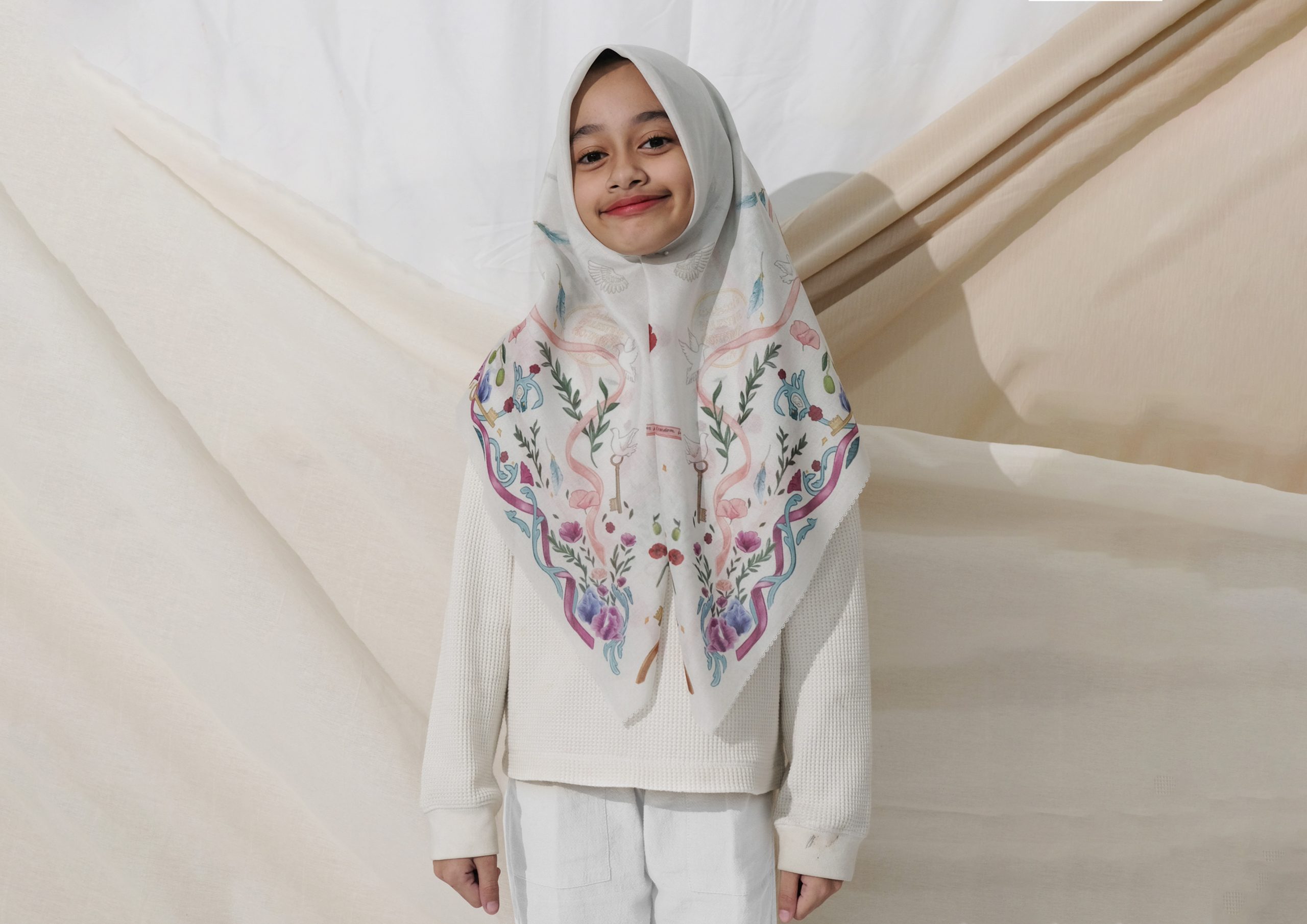 Kids Edition Illustration Scarves in White - Libre Palestine Series - Image 2