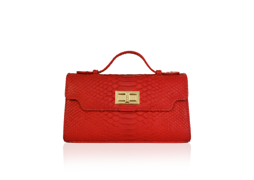 A striking Cherry Red KYRA Luna 25 designer bag with a polished gold clasp, perfect for a personalized luxury look.