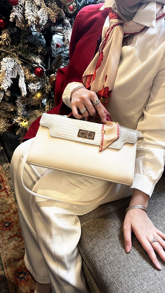 Luna 29 python leather bag with contrast stitching and signature lock showing its rectangular structured shape