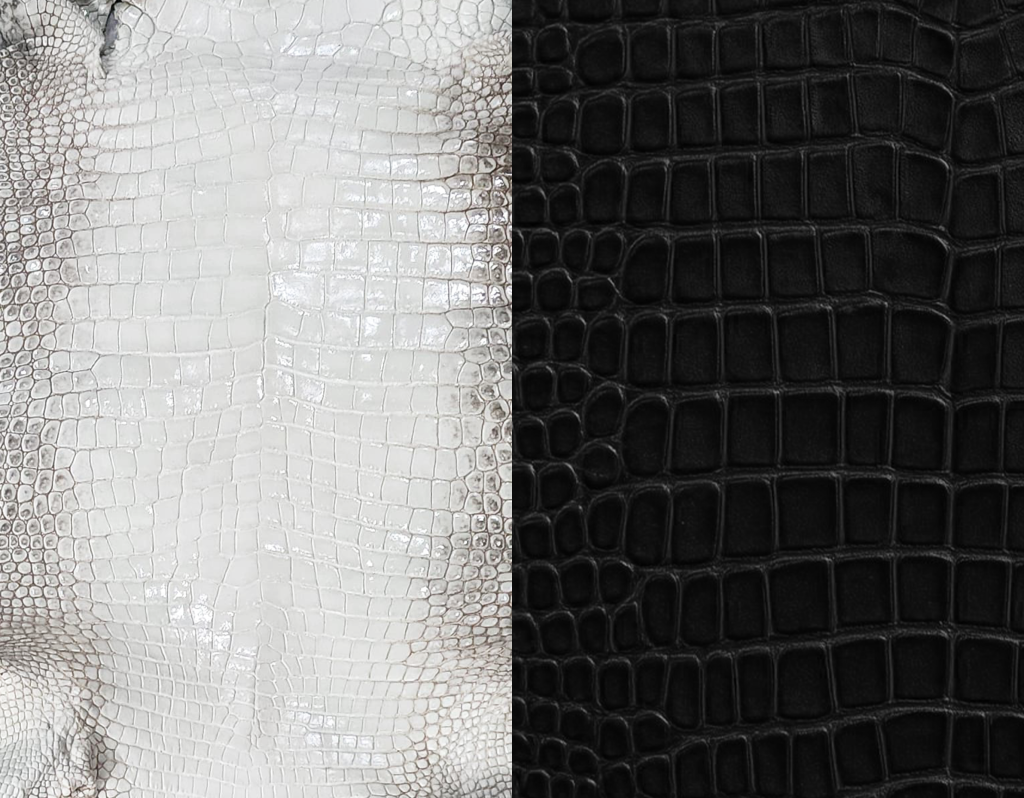 Original crocodile leather in black and natural colour, showing natural pattern.