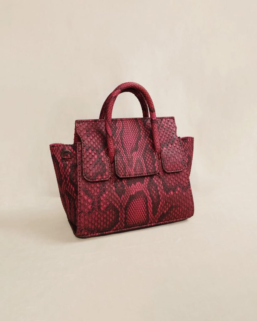 Kyra Adriana luxury leather bag with unique handle and glasses holder, a modern semiclassical design for luxury leather bags UAE.
