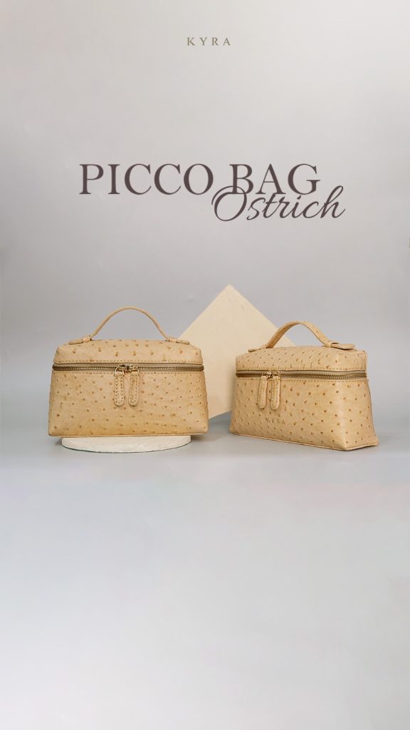 The KYRA Picco bag in exquisite ostrich leather with gold accents, a multifunctional luxury business gift for Eid 2026 in Doha, Qatar.