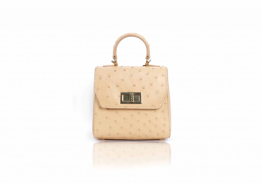 Genuine ostrich leather handle bag from the KYRA Il Viaggio collection featuring a spacious interior and artisan design.