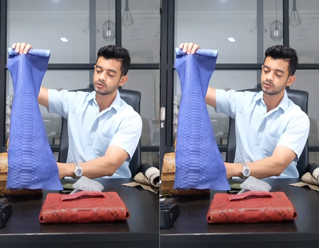 founder of KYRA, Rifky, showing the genuine material for KYRA Bags