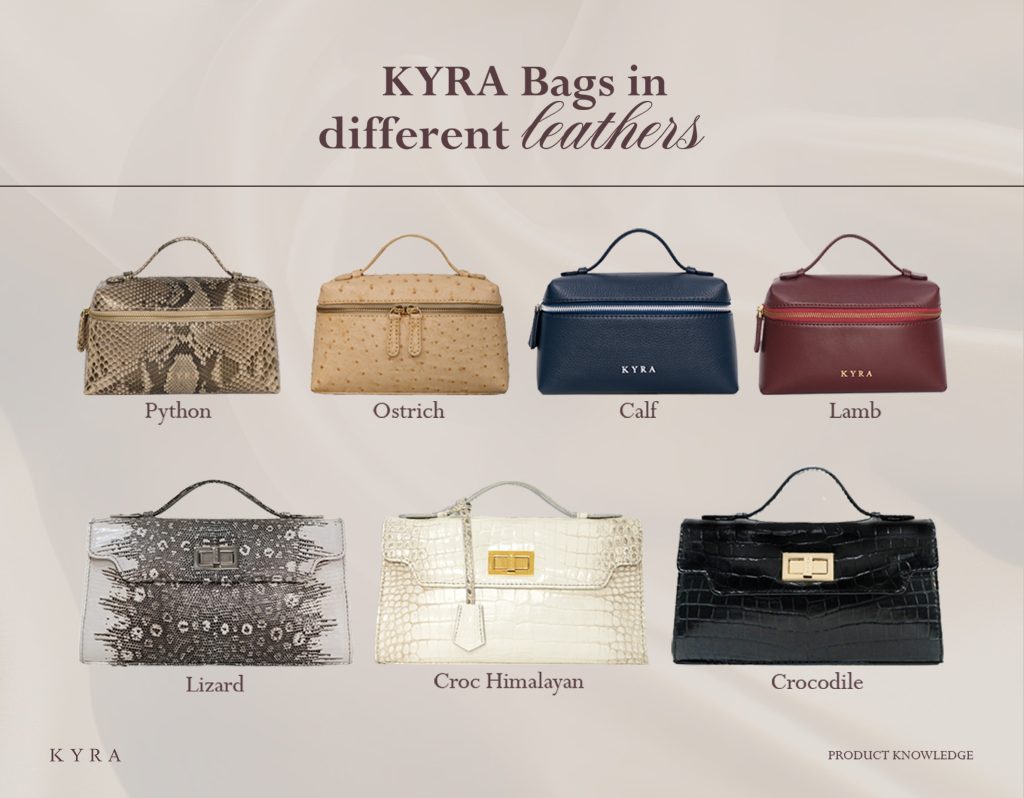 KYRA leather bags collection showcase featuring Python Ostrich Calf Lamb Lizard Croc Himalayan and Crocodile skins