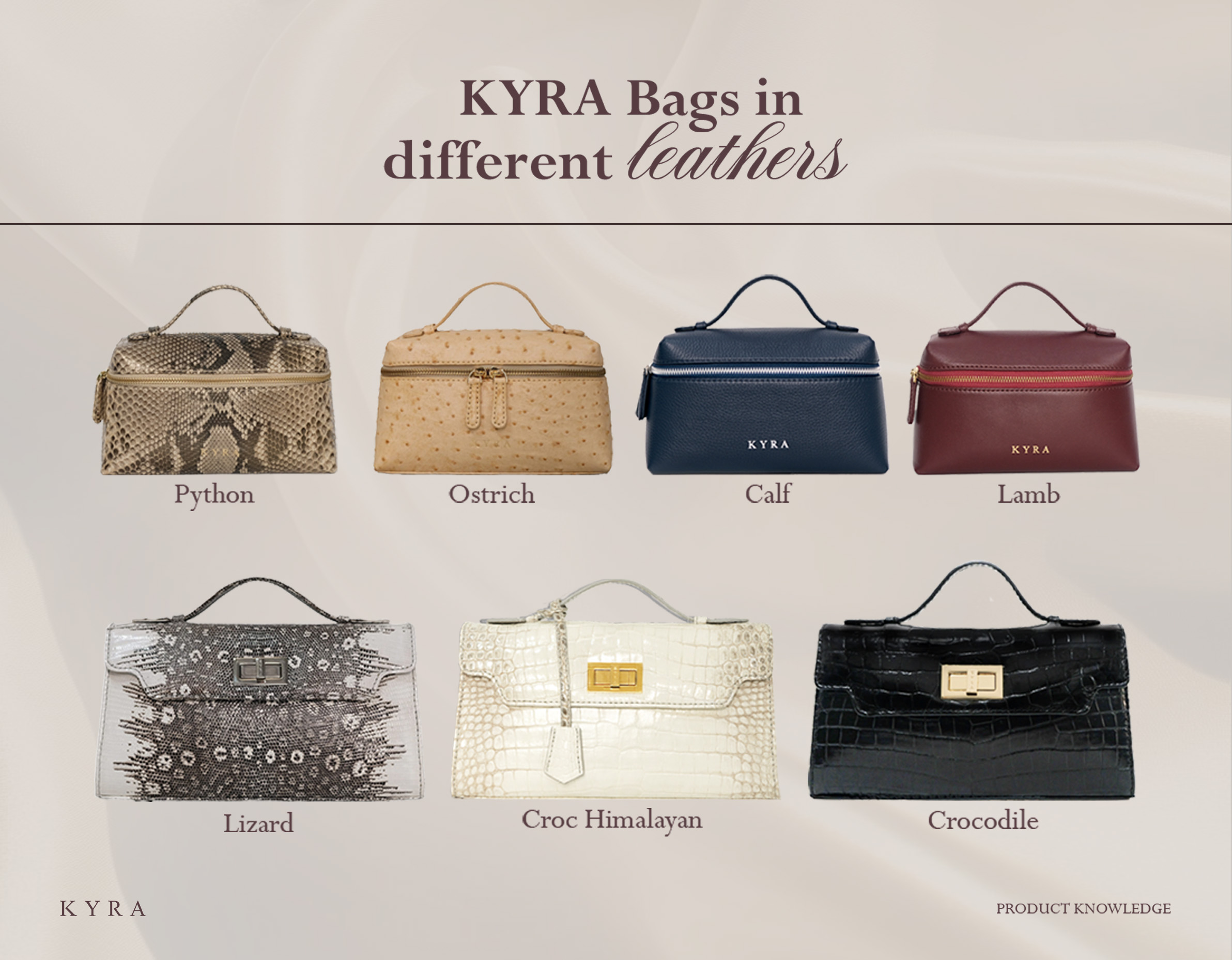 KYRA leather bags collection showcase featuring Python Ostrich Calf Lamb Lizard Croc Himalayan and Crocodile skins