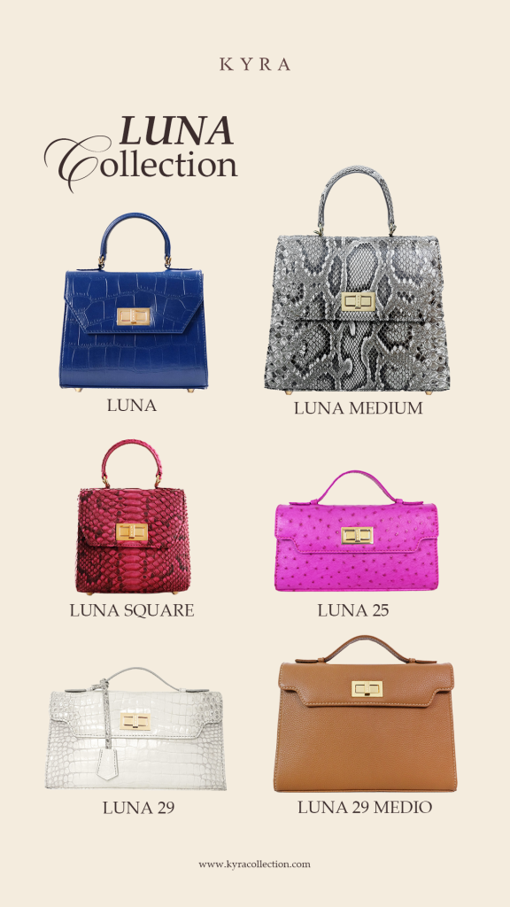 A curated collage showcasing six distinct designs from the KYRA Luna Collection of luxury exotic leather bags, featuring LUNA (blue crocodile), LUNA MEDIUM (grey python), LUNA SQUARE (red python), LUNA 25 (pink ostrich), LUNA 29 (white crocodile), and LUNA 29 MEDIO (brown leather).