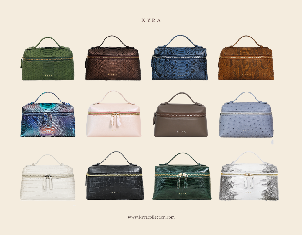A professional 3x4 grid display of the KYRA Picco bag collection, showcasing a diverse range of colors and exotic materials including handcrafted python, crocodile, lizard, and ostrich leather.