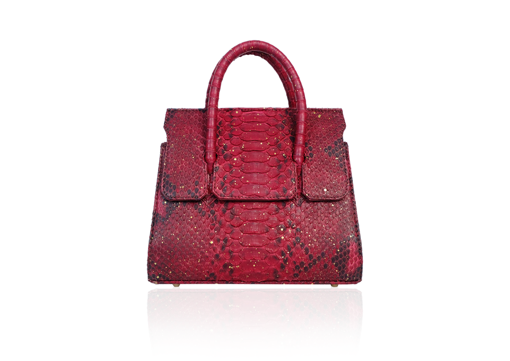 KYRA Adriana Small in burgundy python leather gold splash detail, structured top-handle luxury exotic leather bag.