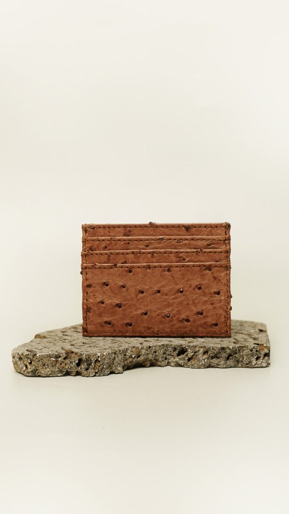 Espresso brown ostrich leather card holder with distinct quill patterns and six card slots resting on a stone base against a neutral background