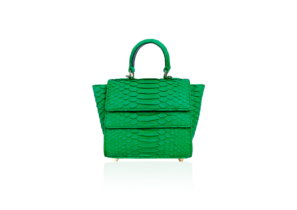 KYRA Rubby Small in emerald green python leather winged structured top handle luxury exotic leather bag.