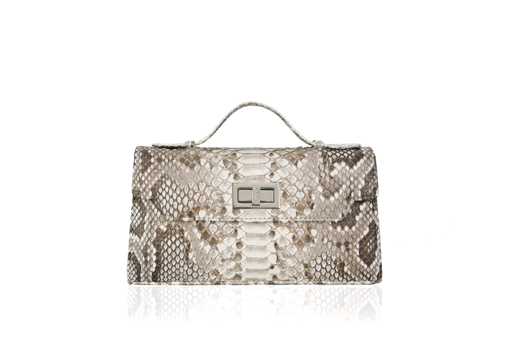 A structured Luna 25 handle bag featuring a precious natural python skin pattern with a silver turn lock closure against a clean white background.