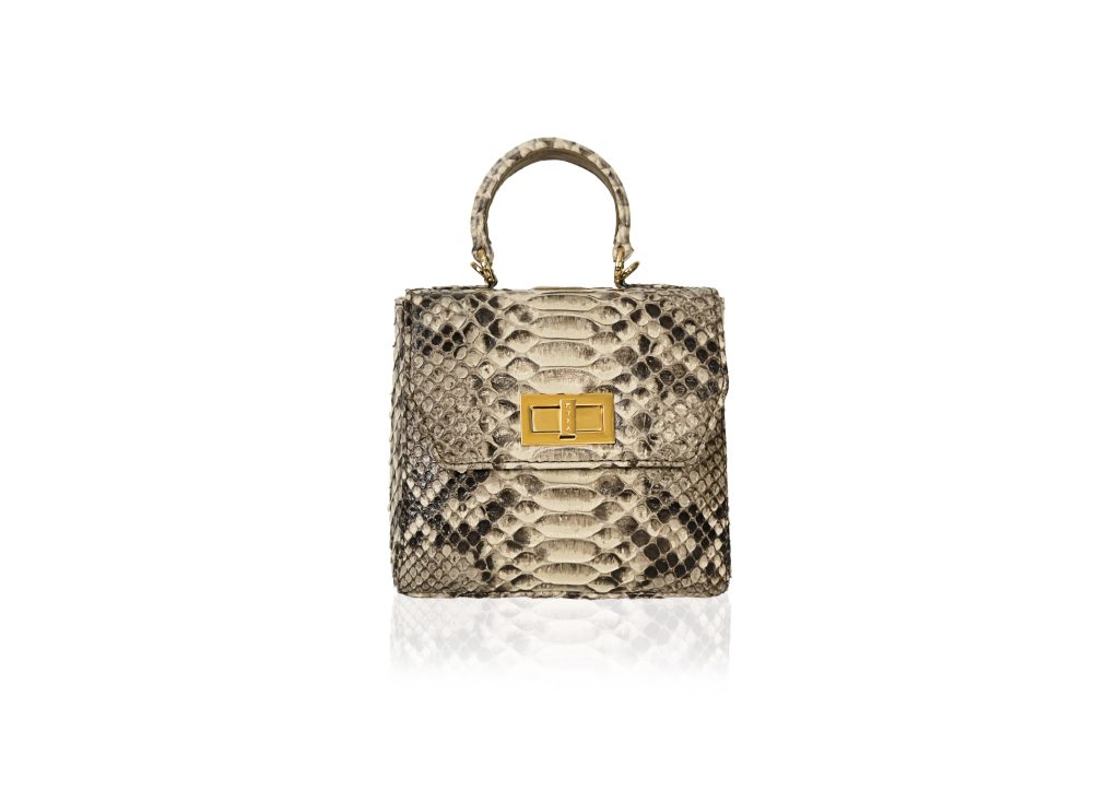 KYRA Luna Square in natural python leather structured top-handle bag with gold turnlock closure.