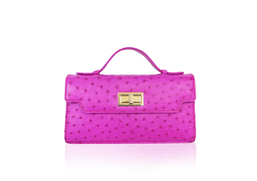 A vibrant violet KYRA Luna 25 ostrich leather bag with distinct natural quill marks and a polished gold hardware clasp.