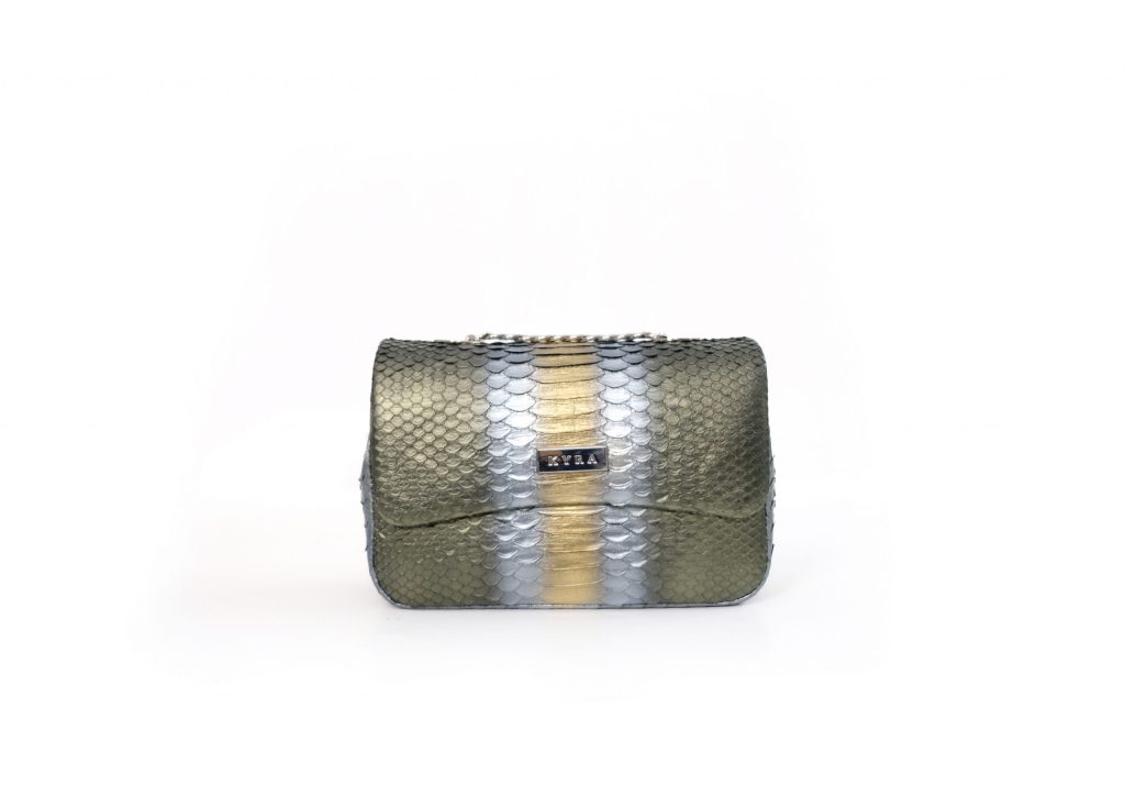 A luxury KYRA Britanny Small shoulder bag in three-tone python skin showcasing a metallic gradient with a golden center stripe on a white background.