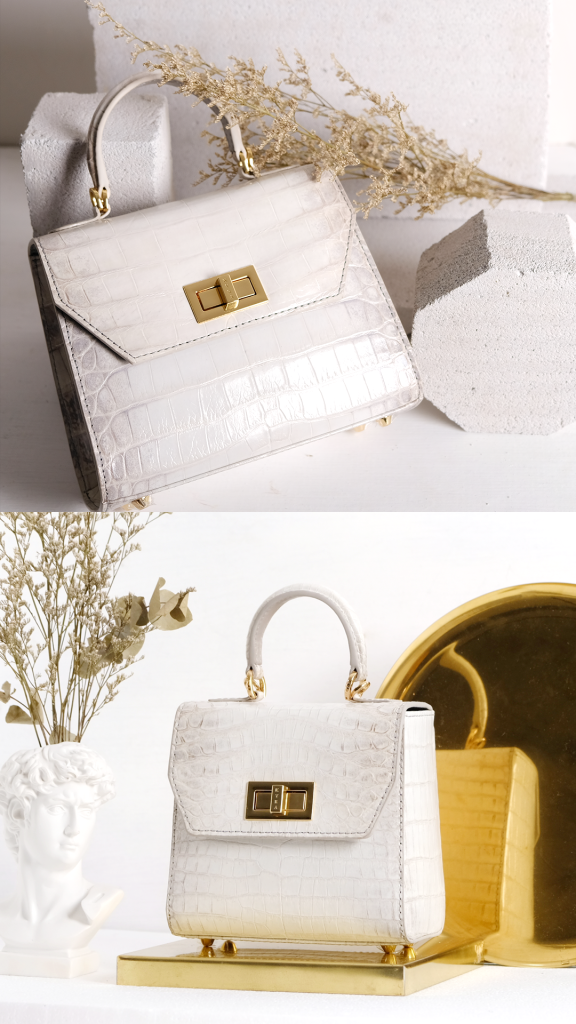 A side-by-side comparison of the luxury KYRA Luna Classic and Luna Square shoulder bags in Himalayan crocodile-embossed leather with gold accessories.