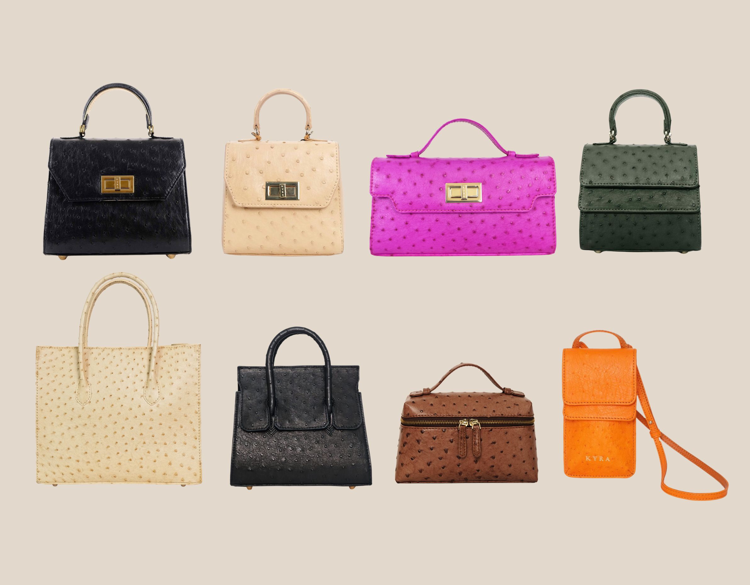 Collection of ostrich leather bags in various colors, sizes, and designs showcasing versatile luxury styles