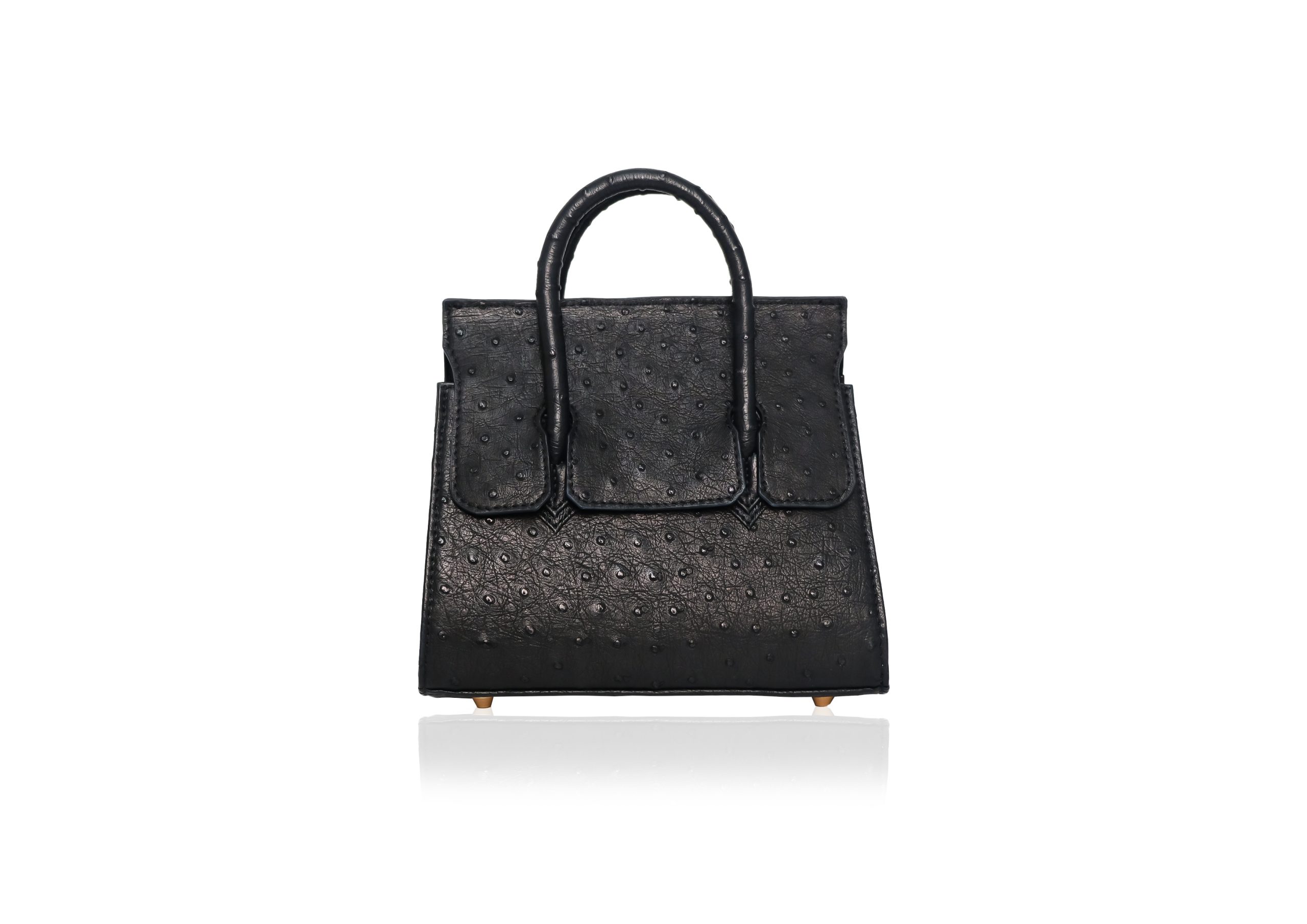 Black ostrich leather bag with a structured silhouette, top handles, and distinctive natural texture on a white background