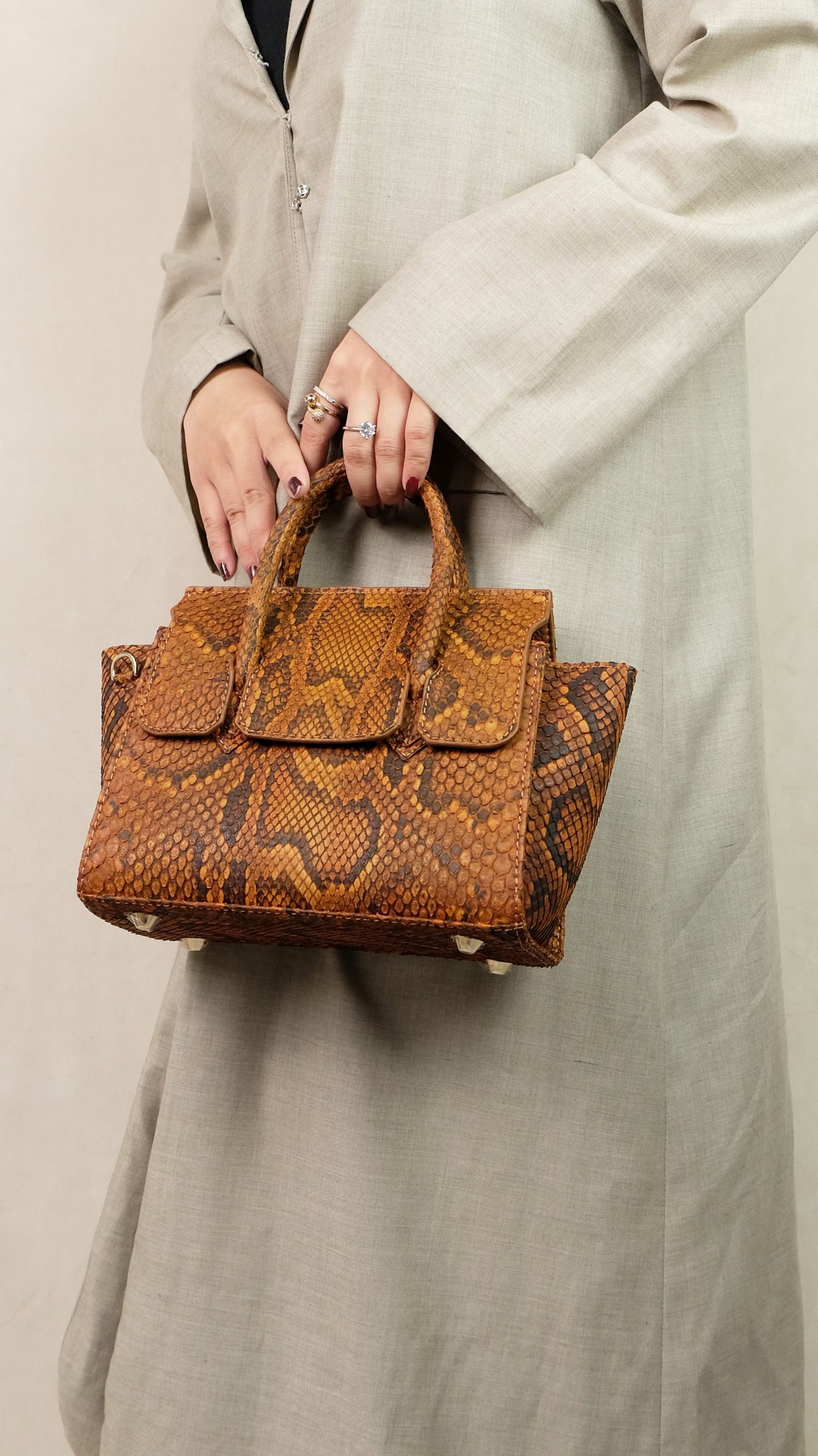 Birkin-style exotic bag in caramel python colour