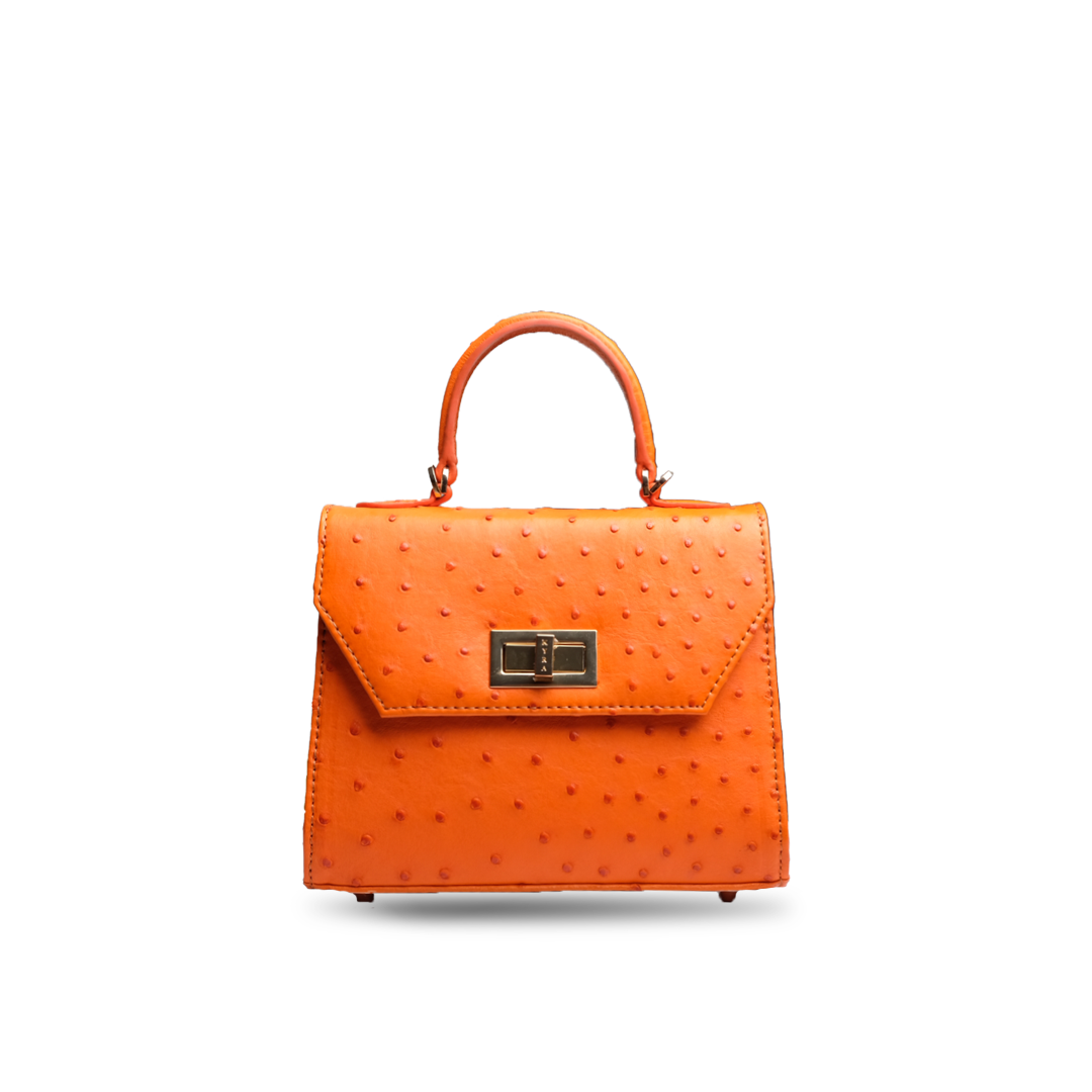 Orange ostrich leather bag with a structured silhouette, top handle, and gold-tone clasp on a white background