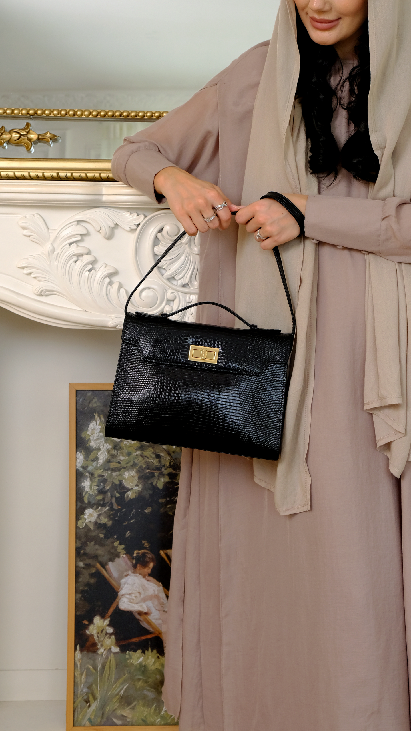 Birkin-style exotic bag with strap to wear as a shoulder bag
